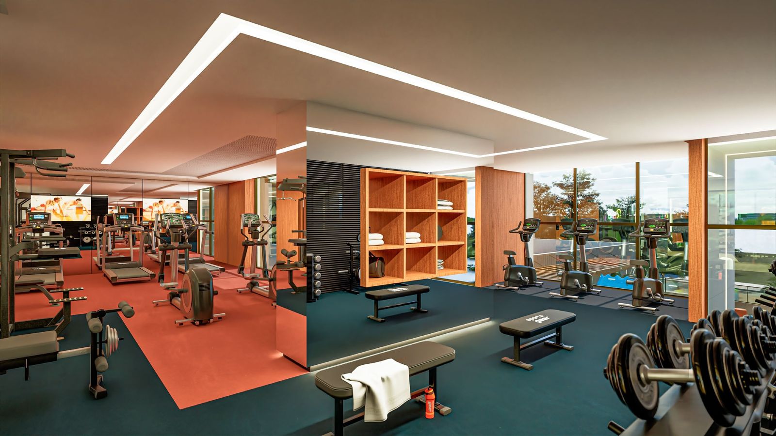 Render da academia: equipamentos de musculação e esteiras, com piso emborrachado.