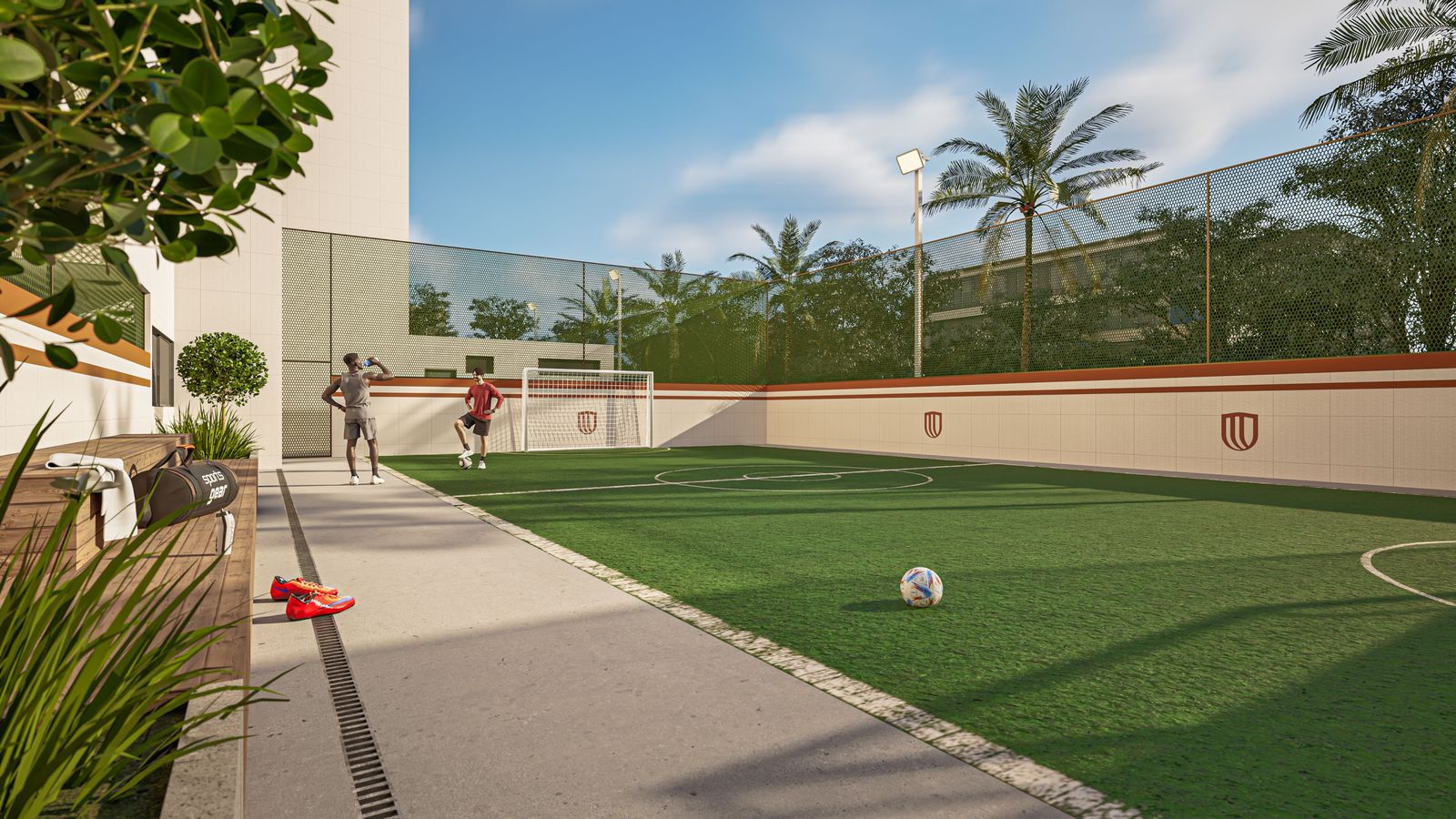 Render do campo de grama sintética, com traves e tela de proteção.