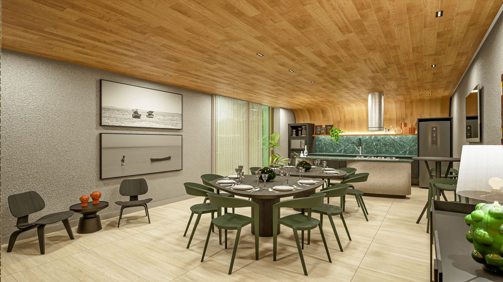Render do espaço gourmet: teto de madeira, mesa grande e cozinha integrada.