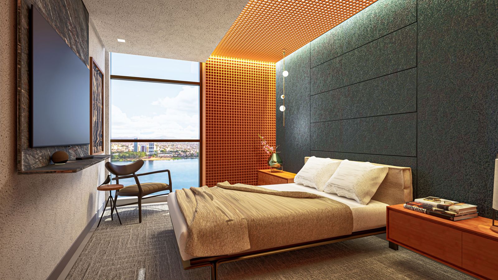Render da suíte: cama ampla, painel de madeira ripada e janela com vista para o rio.